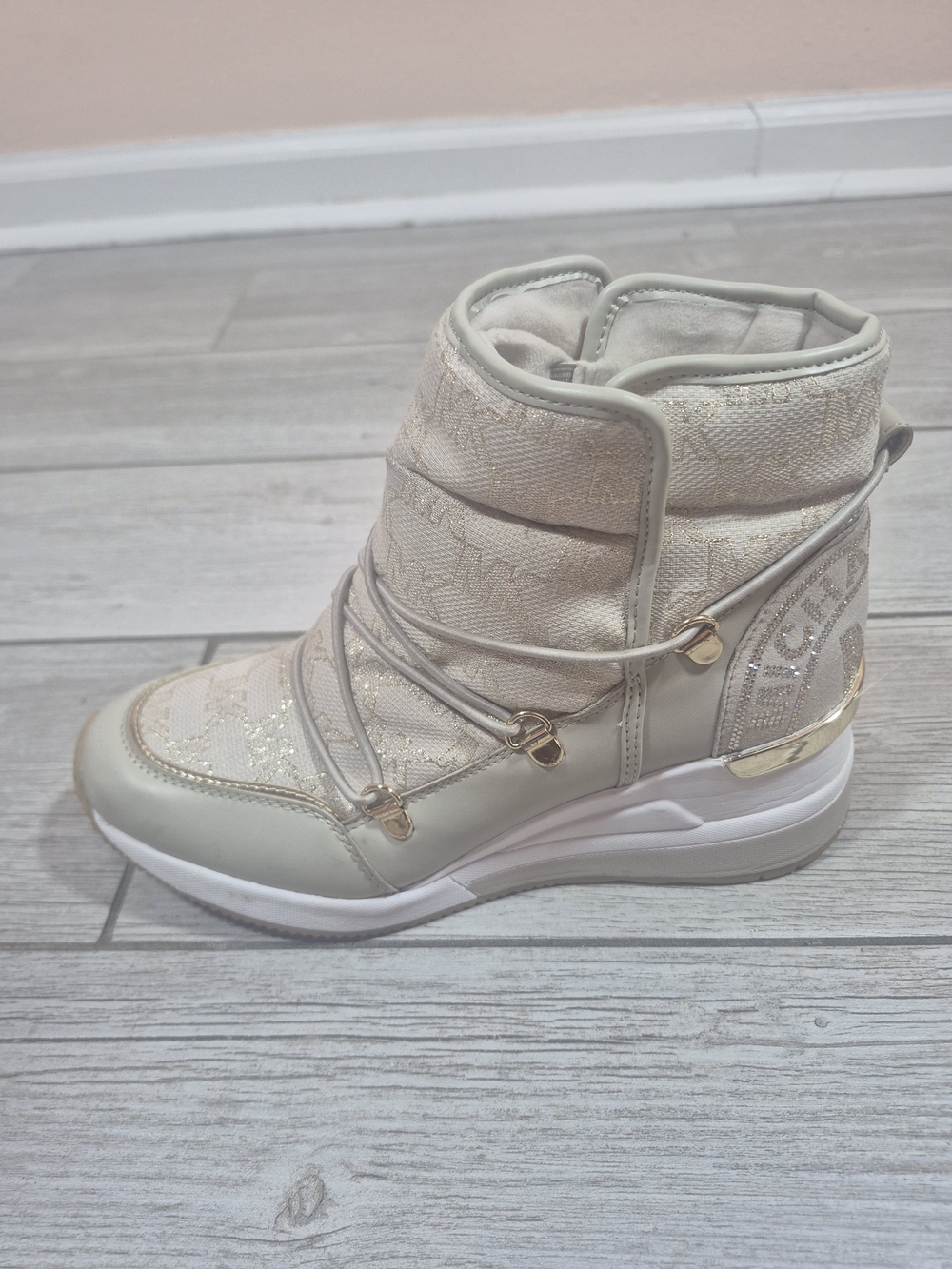 Michael Kors Cream Knit Lace-Up Ankle Bootie with Gold Accents